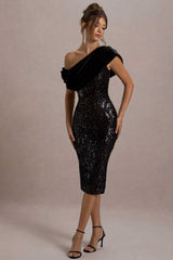 Volute Black Sequin One Shoulder Draped Midi Dress