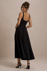 Parina Black Strappy Volume Hem Midi Dress