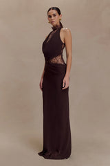 Arra Chiffon And Lace Halter Maxi Dress Cacao Brown