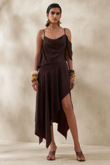 Helira Brown Asymmetric Midi Dress With Draping Detailing and Open Back