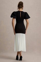 Cinzia Black White Puff Sleeve Volume Hem Midi Dress