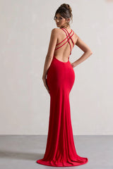 Lucky Day Red Cross Over Back Fishtail Maxi Dress