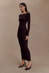 Cleona Merino Wool Ribbed Long Sleeve Maxi Dress Deep Chocolate