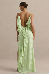 Maddie Light Green Floral Print Satin Cowl Neck Maxi Dress