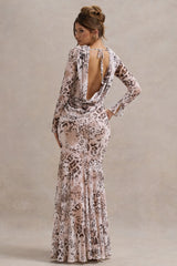 Tigerlily Leopard Print Mesh Long Sleeve Open Back Maxi Dress