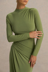 Zephyra Olive High Neck Wrapped Maxi Dress