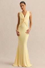 Holly Lemon Plunge Neck Maxi Dress With Twist Detail