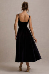 Francisca Black Velvet Strappy Volume Hem Midi Dress