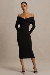 Spark Black Bardot Neck Midi Dress With Bow Detail