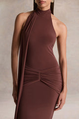 Hyla Brown High Neck Maxi Dress With Sash Detail