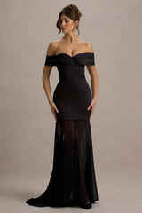 Anders Black Satin Bardot Maxi Dress With Sheer Skirt