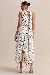 Caluna White And Black Polka Dot Satin Asymmetric Neck Midi Dress With Scarf Detail