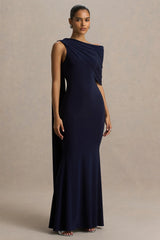 Tiana Navy Asymmetric Neck Maxi Dress With Drape Detail