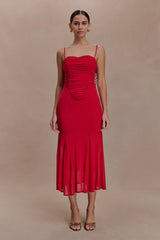 Willa Gathered Mesh Midi Dress Ruby