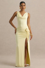 Pure Affection Pale Lemon Cowl Neck Maxi Dress With Ruched Detailing And Front High Split