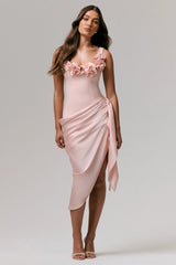 Letitia Pale Pink Square Neck Floral Detailed Wrap Midi Dress