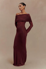 Kaitlin One Shoulder Slinky And Mesh Maxi Dress Burgundy
