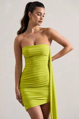 Siena Lime Ruched Asymmetric Mini Dress With Sash