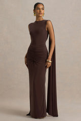 Premiere Brown Boat Neck Maxi Dress With Cape Sleeves And Open Back