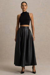 Noa Black Faux Leather A Line Midi Skirt