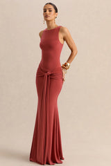 Cherine Rust Round Neck Maxi Dress With Gathered Detailing And Sash