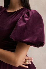 Seraphic Burgundy Velvet Puff Sleeve Midi Dress