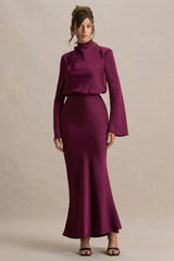 Celina Burgundy Satin High Neck Maxi Dress