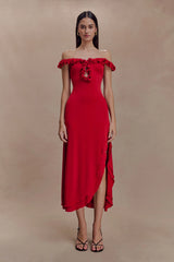 Allegra Off Shoulder Ruffle Midi Dress Ruby