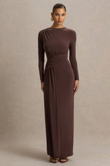 Virelle Brown Boat Neck Maxi Dress With Wrap Detail And Sash
