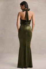 Lavernia Olive Velvet Halter Neck Maxi Dress With Gathered Detailing