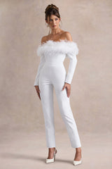 Ales White Bardot Tailored Straight Leg Jumpsuit With Feather Trim