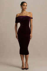 Billie Burgundy Velvet Bardot Neck Midi Dress With Twist Sleeve