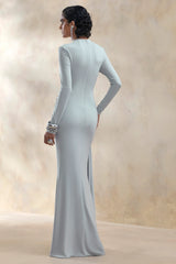 Kyrissa Blue High Neck Maxi Dress With Gathered Detailing