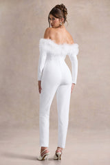 Ales White Bardot Tailored Straight Leg Jumpsuit With Feather Trim