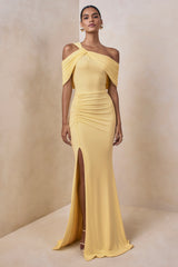 Nala Lemon Asymmetric Neck Maxi Dress With Gathered Detailing