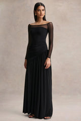 Bexley Black Bardot Neck Draped Maxi Dress With Long Mesh Sleeves