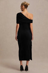 Zena Black Velvet Asymmetric Neck Maternity Midi Dress With Knot And Sash Detail