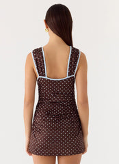 Options Mini Dress Chocolate Blue Dot