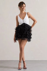 Riot Black White Plunge Neck Mini Dress With Organza Skirt