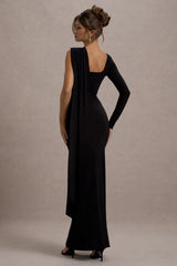 Ashini Black One Sleeve Maxi Dress With Cape