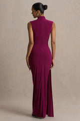 Solene Burgundy High Neck Maxi Dress With Wrap And Drape Detail