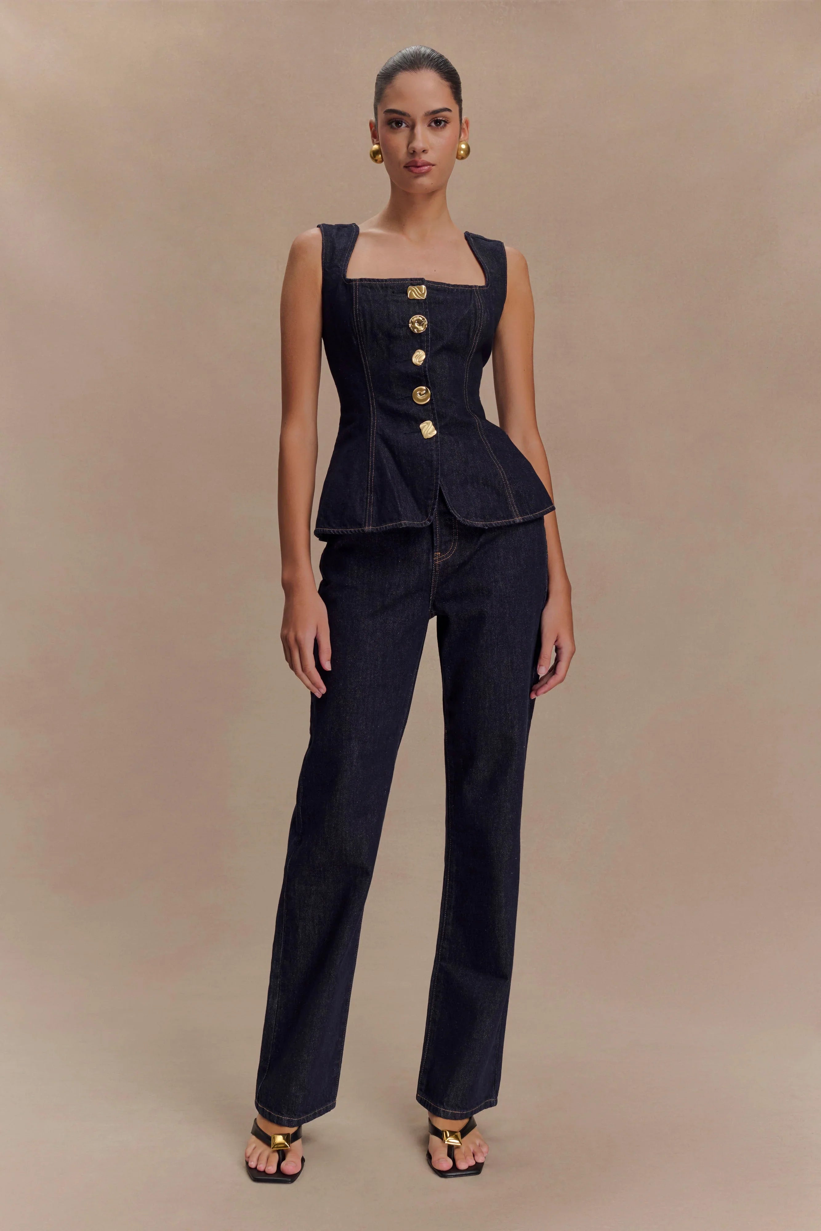 Neve Sleeveless Buttoned Denim Top Washed Indigo Blue