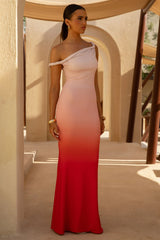 Exotic Red Ombre Twisted Asymmetric Maxi Dress