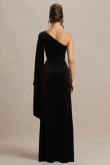 Camilla Black Velvet Asymmetric Neck Maxi Dress With Ruched Detailing