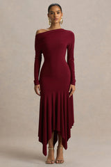 Isola Burgundy Asymmetric Neck Midi Dress With Hanky Hem