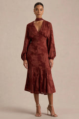Sabina Rust Devore Plunge Neck Midi Dress