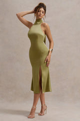 Violette Olive Satin High Neck Split Midi Dress