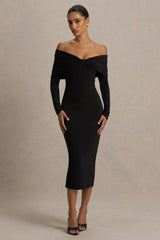 Spark Black Bardot Neck Midi Dress With Bow Detail