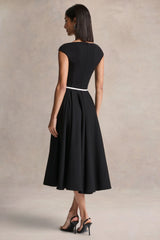 Nataline Black Round Neck Midi Dress With White Belt Detail