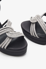 Doll Drama Black Satin Diamante Strappy Platform Heels